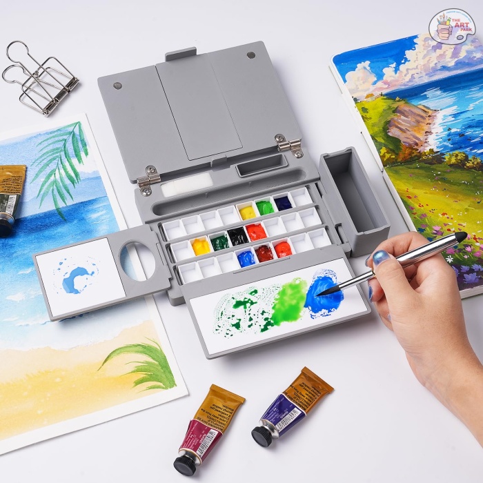 Fuumuui Portable Empty Watercolor Palette Set with 24 Half-Pans, Dual Buckets, Travel Brush, Carrying Bag & Paper Clip – Ideal for Outdoor and Studio Painting - Image 13