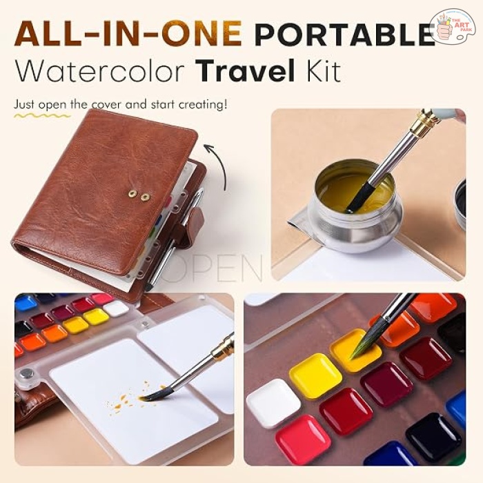 Fuumuui Watercolor Travel Set – 36-Color Travel Paint Kit with PU Leather Cover, 300gsm Cotton Paper, Double-Ended Travel Brush with Carbon Lead, Refillable Ring-Bound Design for Artists - Image 6