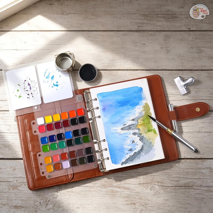 Fuumuui Watercolor Travel Set – 36-Color Travel Paint Kit with PU Leather Cover, 300gsm Cotton Paper, Double-Ended Travel Brush with Carbon Lead, Refillable Ring-Bound Design for Artists - Image 2