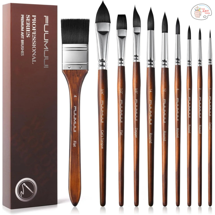Fuumuui 10pcs Soft Synthetic Squirrel Hair Watercolor Brush Set With Flats Oval Wash - Image 3