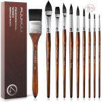 Fuumuui 10pcs Soft Synthetic Squirrel Hair Watercolor Brush Set With Flats Oval Wash